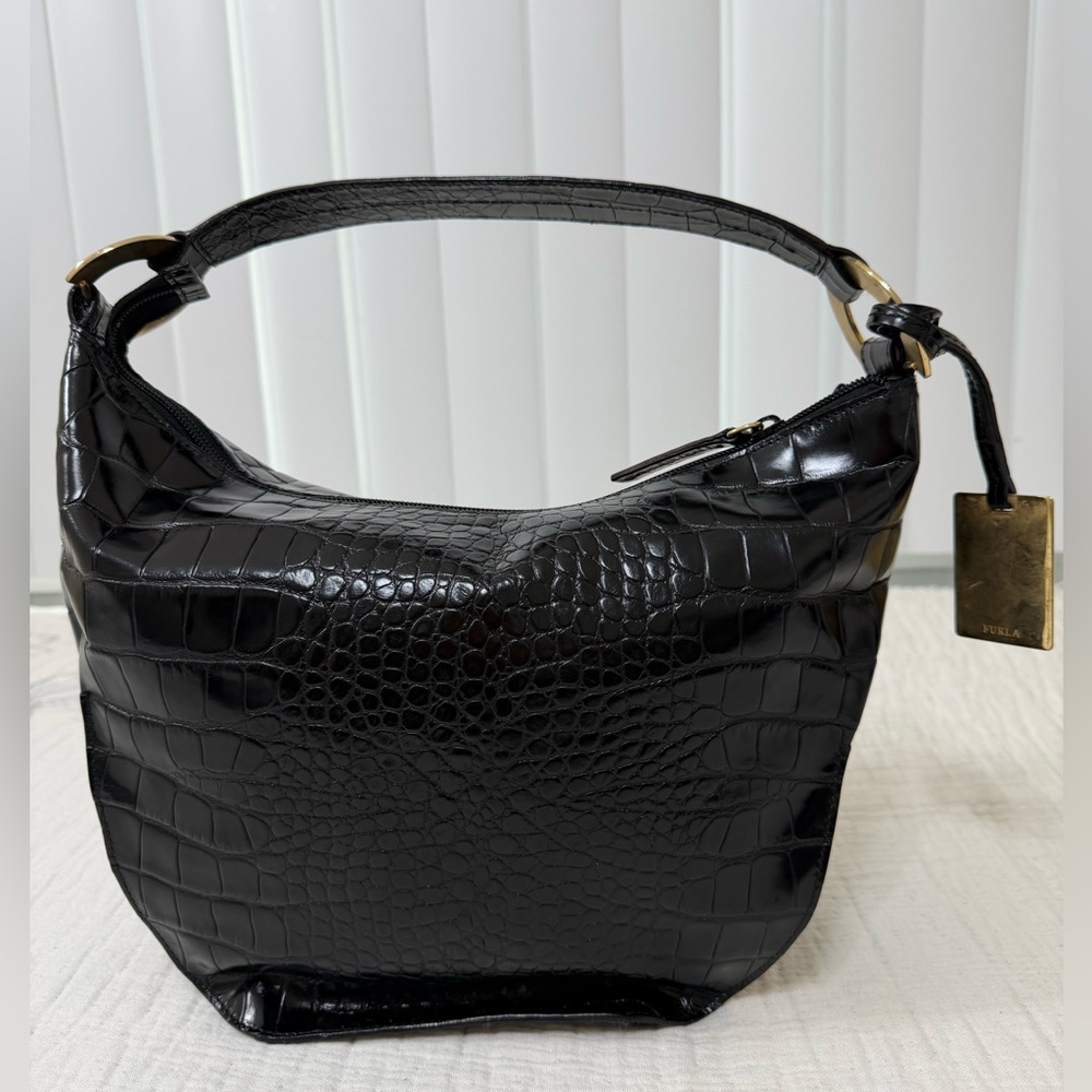 AUTHENTIC Furla Black Crocodile-Embossed Hobo Bag